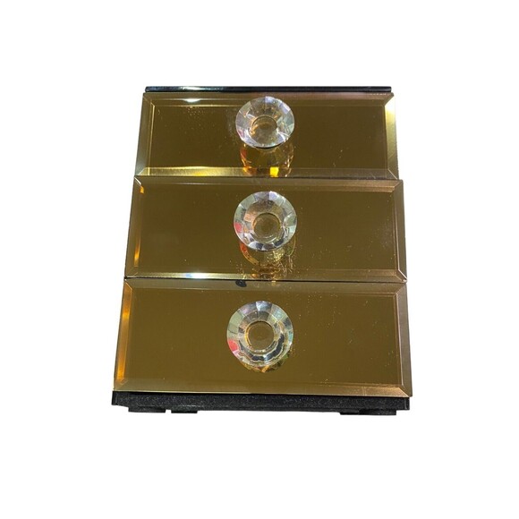 Allure Mirrored Jewelry Box Amber Smoke 3 Compartments Clear Crystal Gem Knobs - Picture 16 of 16